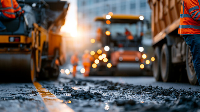 Busy road construction landscape with asphalt paver, dump truck, roller, and workers forming a coordinated paving sequence along a highway lane, documentary style realism, asphalt paving,