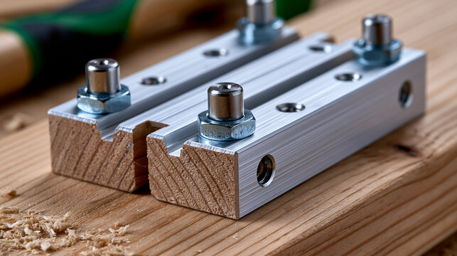 Dovetail router template jig aluminum, precision machined slots and guide pins, woodworking jig detail macro, workshop cabinet making equipment, anodized aluminum surface texture close, furniture co