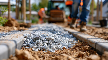 Fototapeta na wymiar Pedestrian path under construction on a bright sunny day, workers preparing gravel base, curbs, and compacted soil for a new walking route, walkway construction, pedestrian path, urban