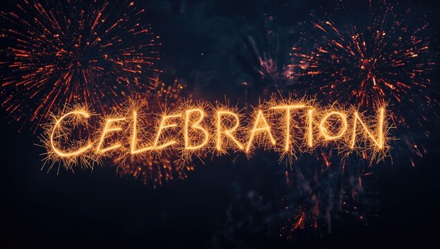 Festive celebration card with illuminated sparkler font and bright fireworks against dark sky background