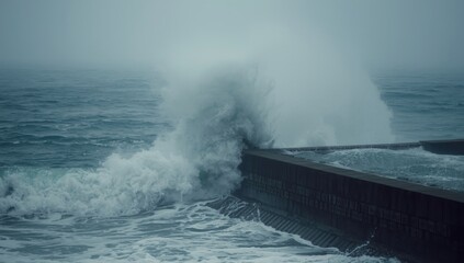 Naklejka premium Fierce ocean wave impact on breakwater in hurricane conditions with space for design