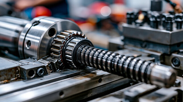 Lathe compound rest slide mechanism, threaded leadscrew detail, CNC turning center cross slide, precision machined steel surface, machine tool saddle component macro, workshop engineering equipment 