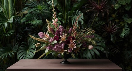 Fototapeta premium Contemporary floral arrangement set before dense tropical green leaves