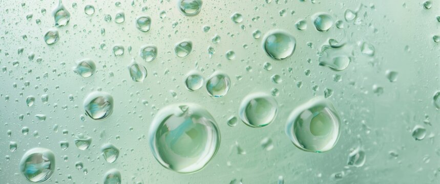 Glass surface with scattered water droplets over green tinted water