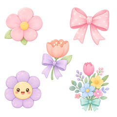 Fototapeta premium Cute Pastel Flower and Bow Clipart Set