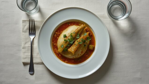 Flat top photo of okra stew with eba on a classic white plate setting