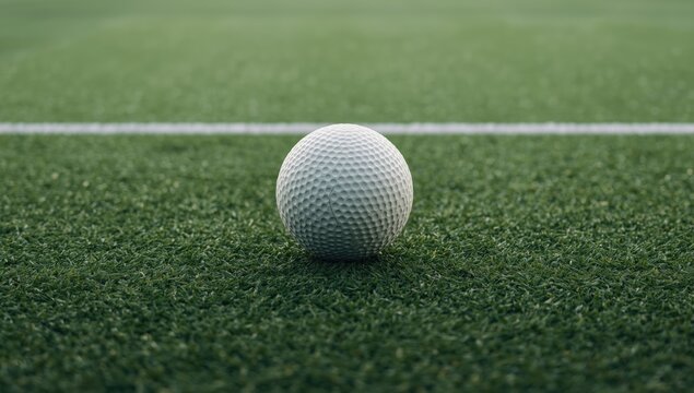 Dimpled white astro turf hockey ball placed on artificial green playing field