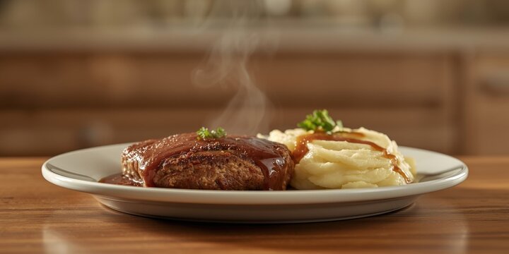 Delicious Salisbury steak dish next to mashed potatoes and copy space
