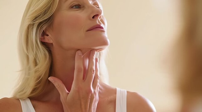 Mature woman touching her neck and chin while looking in the mirror, concerned about aging skin.