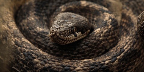Obraz premium Close view of a northern copperhead snake with highly detailed coiled scales