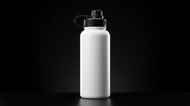 Isolated white reusable gym water bottle with black cap for branding mockup showcasing hydration and fitness accessories