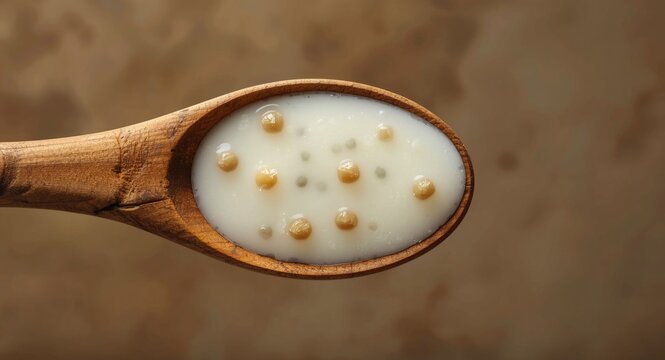 Fresh homemade milk kefir with live kefir grains on a rustic wooden spoon
