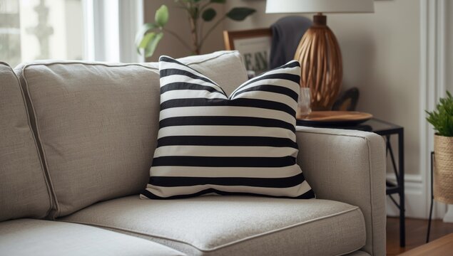 Elegant black and white striped pillow adding style to a couch in a naturally lit cozy living area