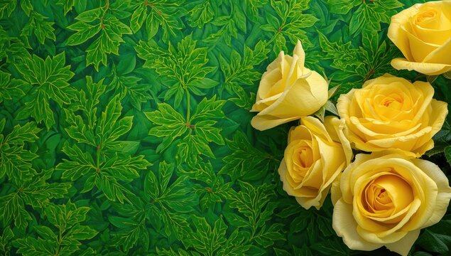 Fresh yellow garden roses in sharp closeup with leafy green background