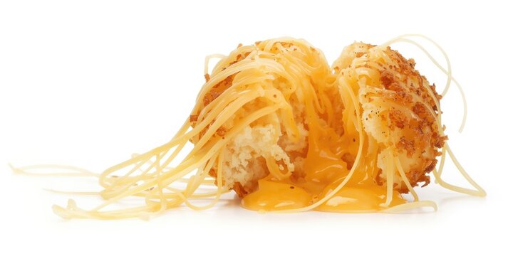 Crispy golden cheese ball with melted cheese strands on white copy space