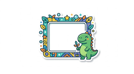 Cute cartoon dinosaur next to a decorative frame. © La
