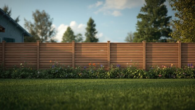 Eco smart wooden fence framing lush green lawn and varied garden plants in an outdoor house setting
