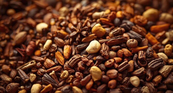 Close up view of an oriental inspired spice blend with copy space for text