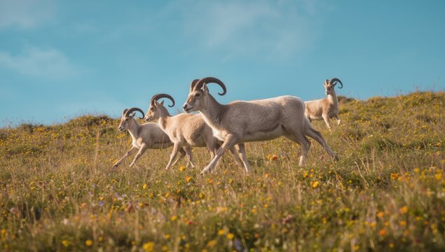 Exuberant chamois trotting across a profuse alpine grassland during seasonal growth