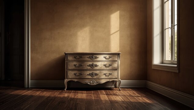 Contemporary living space showcasing a shabby chic commode with copyspace