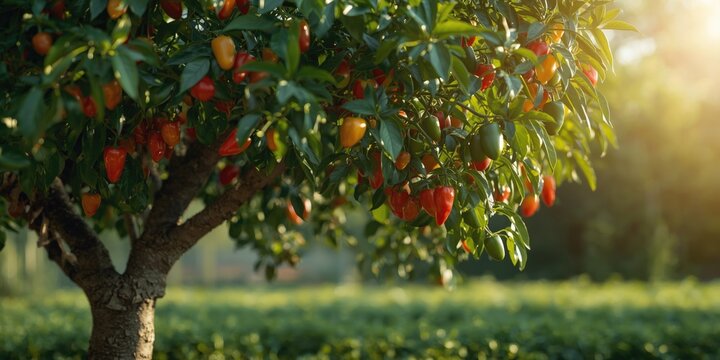 Full pepper tree displaying a rich assortment of red and green peppers in nature