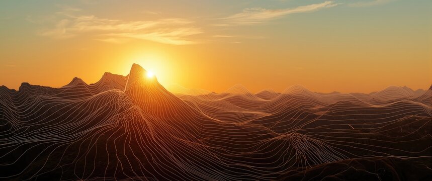 Expressive countryside mountain scene rendered in abstract lines and shapes against a radiant summer sunset background