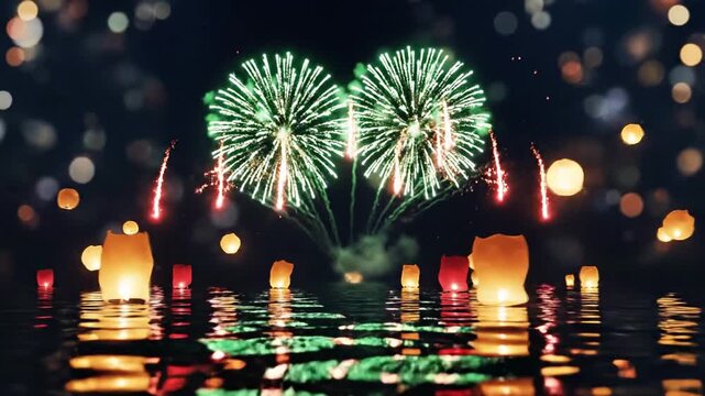 A serene nighttime scene of floating lanterns on water with vibrant fireworks exploding above