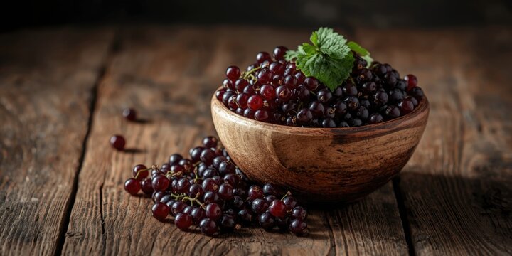 Handpicked currants in a bowl on a rough wooden tabletop with copy space