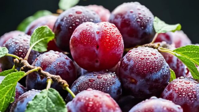 A close-up photograph of a pile of fresh, wet, purple fruits with green leaves