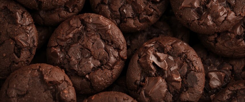 Freshly baked dark chocolate brownie cookies arranged in piles