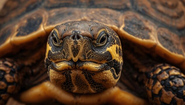 Close up shot of a turtle's head revealing unique shell and facial characteristics