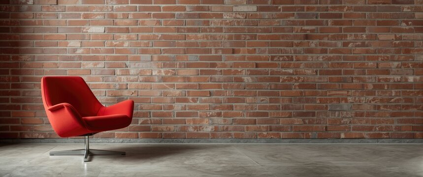 Contemporary interior featuring a striking red chair paired with a raw brick wall and smooth floor