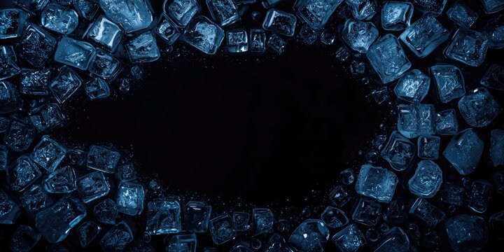 Dark smooth backdrop with cooling ice cubes framing a bottle shaped outline