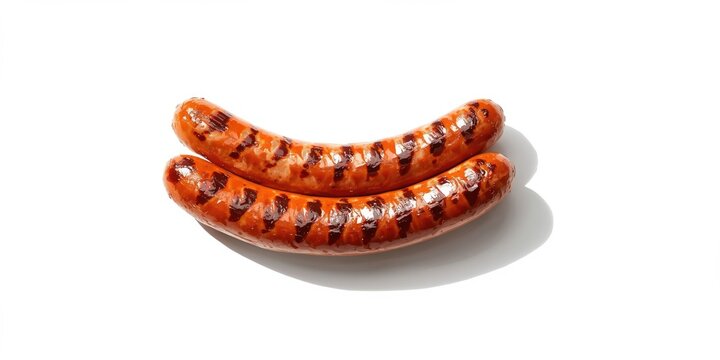 Group of three cooked sausages laid out on white background