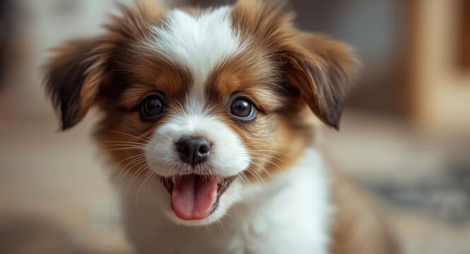 Close up view of an adorable Papillon puppy showing detailed teeth and nose