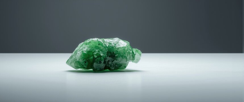 Genuine jadeite fragment lying on a stark white platform