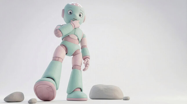 Curious Pastel Clay Robot Taking A Confident Step Forward In Minimal Scene