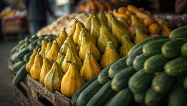 Display of Momordica charantia gourds alongside fresh cucumbers in marketplace