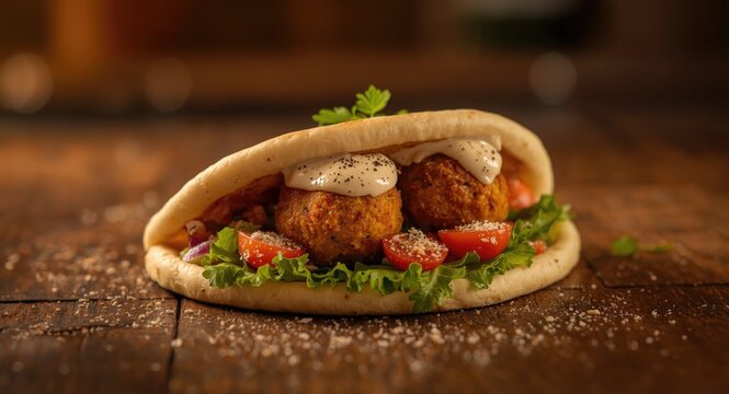 Gluten free pita stuffed with spicy chickpea falafel and fresh chopped salad topped with tahini sauce