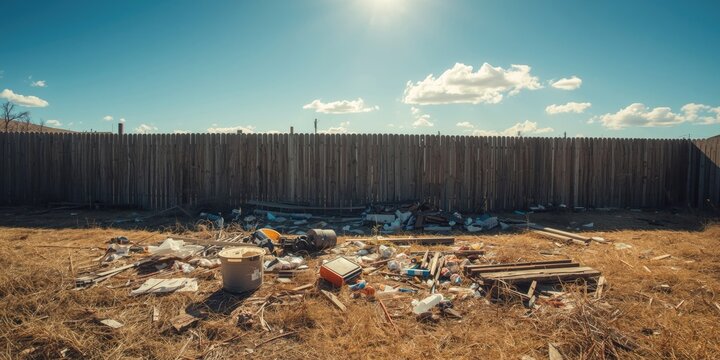 Derelict backyard messy with discarded trash and debris contained by sturdy wooden fence under clear sunny conditions