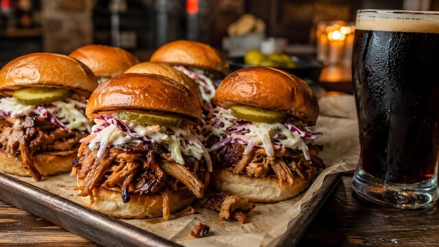 Pulled pork sliders served with dark craft beer