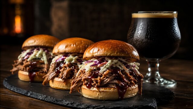 Three pulled pork sliders with stout beer