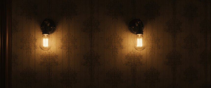 Gentle low light setting with two small mounted wall lamps and classic wallpaper backdrop