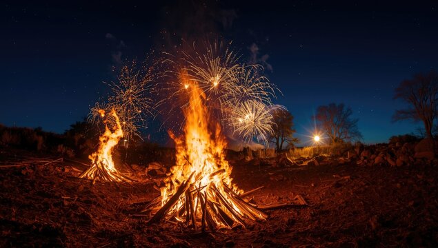 Epiphany festive bonfires with radiant fireworks and pignarul lighting