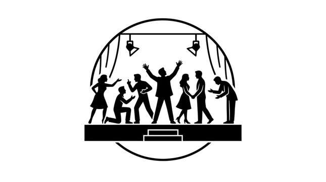 Silhouette Illustration of Actors Performing on Stage Under Spotlights.