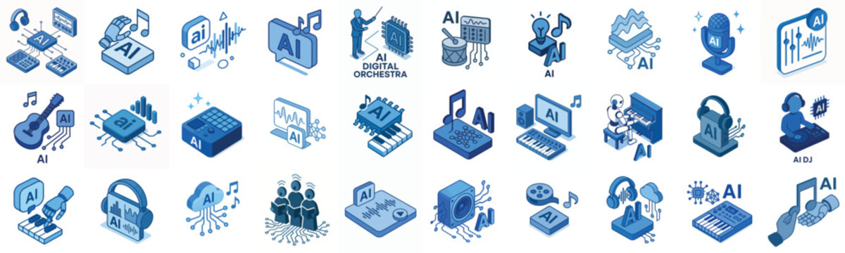 Isometric vector icon AI music creation blue color