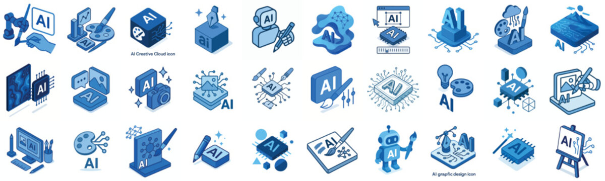 Isometric vector icon AI generating art blue color