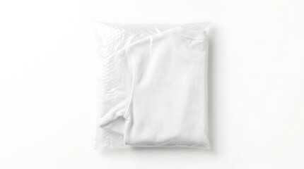 Fototapeta premium Isolated white sweatshirt mockup folded inside transparent plastic packaging bag for apparel branding and retail display