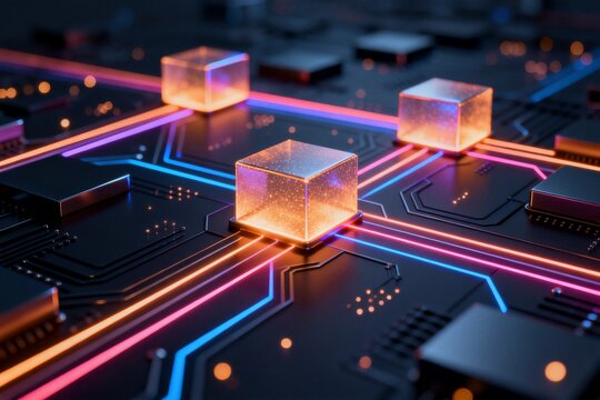 Circuit board with glowing cubes