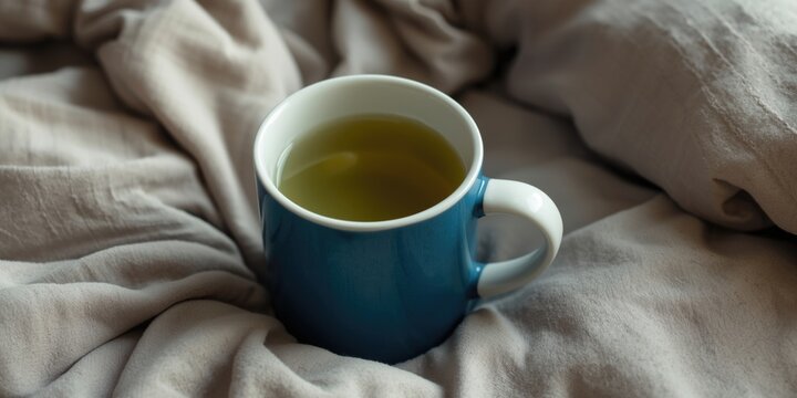 Cozy setting of green tea served in a blue mug accented with white handle atop a bed